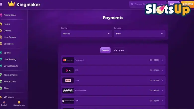 Kingmaker casino metode de plata